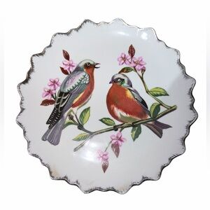 Vintage Decorative Bird Plate Scalloped Edge Gold Trim Floral Wall Plate